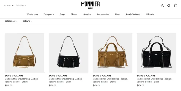 The Monnier Paris storefront, Zadig & Voltaire collection: four Madison shoulder bags with prices