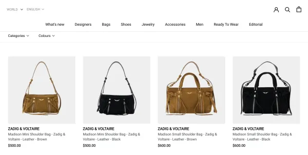 The Monnier Paris storefront, Zadig & Voltaire collection: four Madison shoulder bags with prices